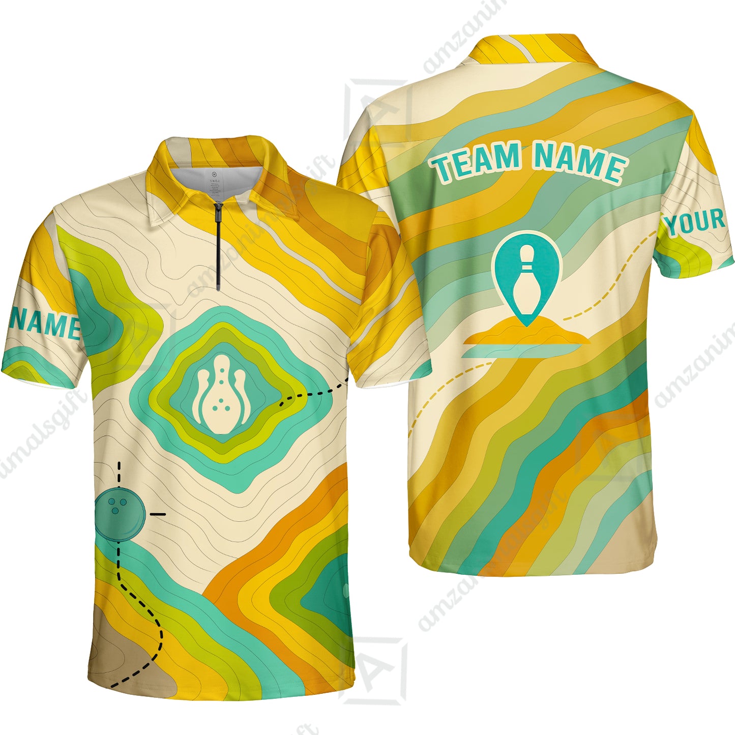 Customized Vintage Bowling Quarter-Zip Polo Shirt, Topographic Map Trail Style Zip Polo Shirt For Bowling Team, Bowlers
