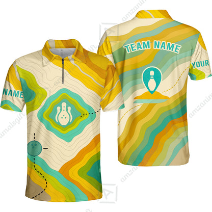 Customized Vintage Bowling Quarter-Zip Polo Shirt, Topographic Map Trail Style Zip Polo Shirt For Bowling Team, Bowlers