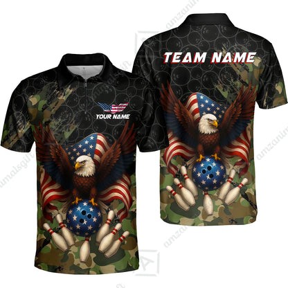 Custom Bowling Jersey Polo Shirt, Forest Camo Patriotic Bowling, Custom Bowling Jersey Team Shirt For Players With Name & Team Name