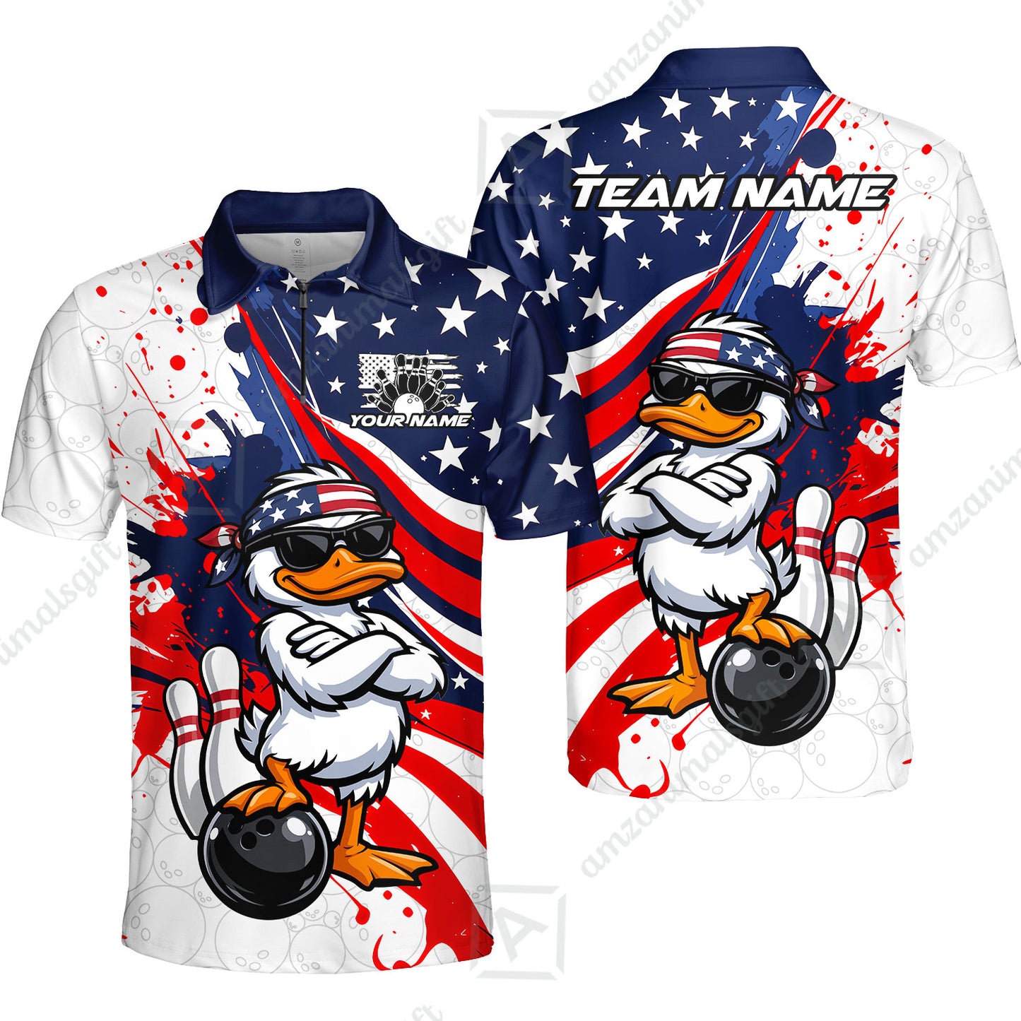 Custom Bowling Jersey Polo Shirt, Patriotic Cool Duckling Mascot, Custom Bowling Jersey Team Shirt For Players With Name and Team Name