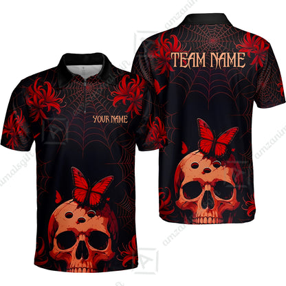 Customized Bowling Shirt, Bowling Skull Butterfly Spider Grid, Personalized Polo Shirt For Players With Name & Team Name