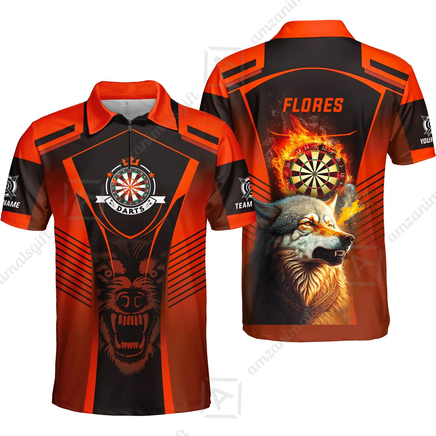 Custom Name Darts Men Polo Shirt, Orange Wolf Dartboard Personalized Polo Shirts, Gift For Men, Darts Lovers, Darts Players
