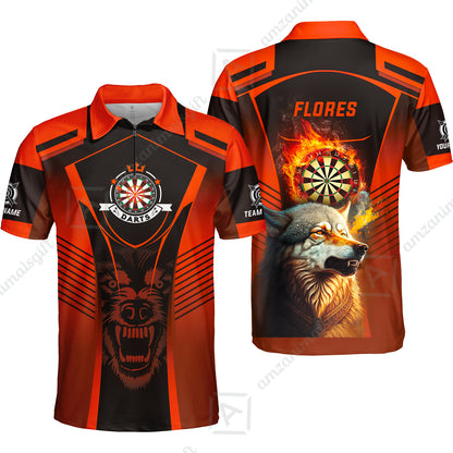 Custom Name Darts Men Polo Shirt, Orange Wolf Dartboard Personalized Polo Shirts, Gift For Men, Darts Lovers, Darts Players