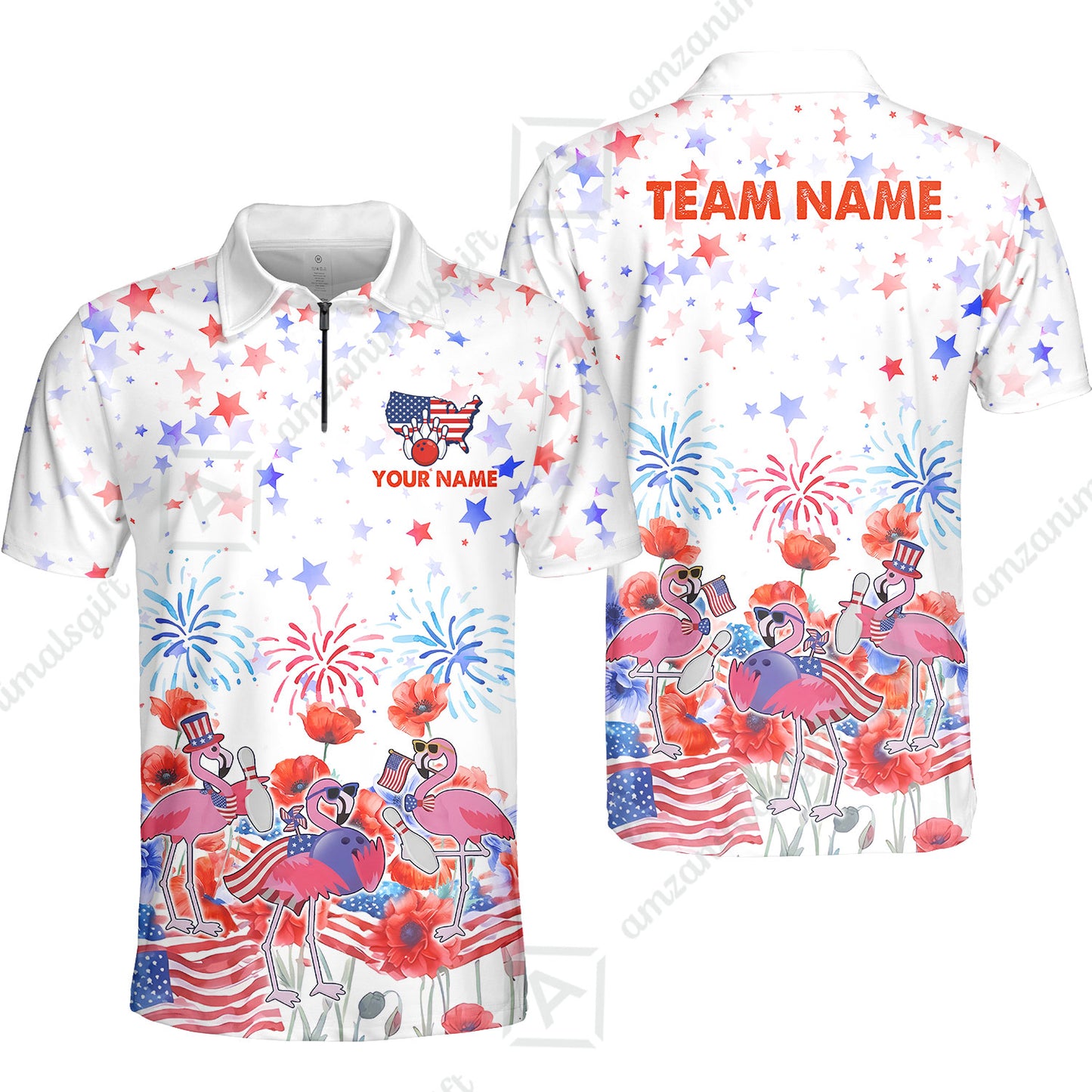 Custom Bowling Jersey Polo Shirt, 4th of July Flamingo Bowling, Custom Bowling Jersey Team Shirt For Players With Name & Team Name