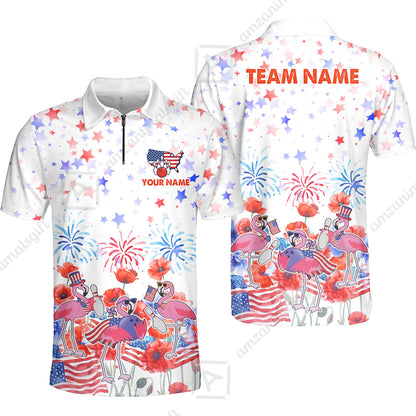 Custom Bowling Jersey Polo Shirt, 4th of July Flamingo Bowling, Custom Bowling Jersey Team Shirt For Players With Name & Team Name