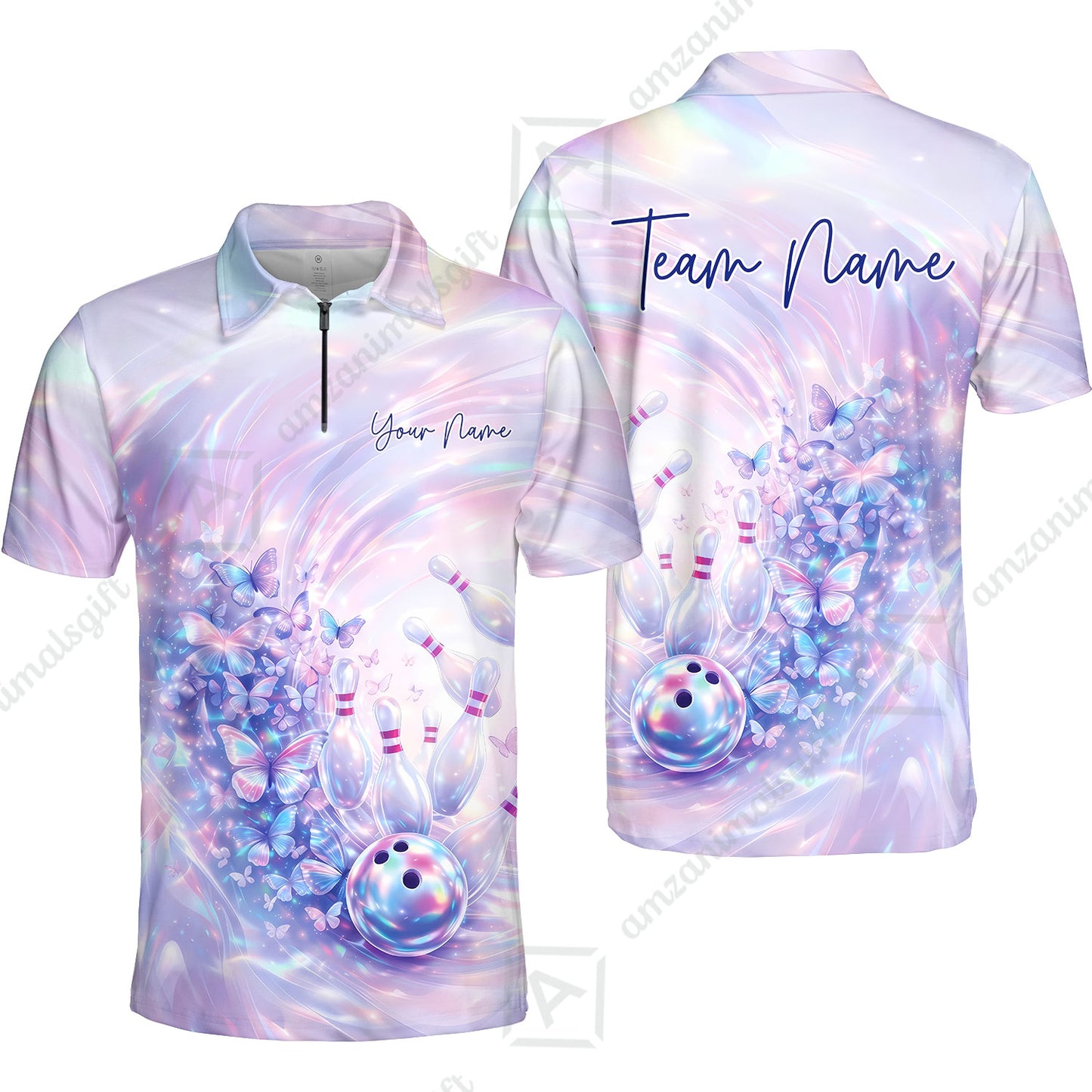 Custom Bowling Jersey Polo Shirt, Butterfly Holographic Bowling, Custom Bowling Jersey Team Shirt For Players With Name and Team Name