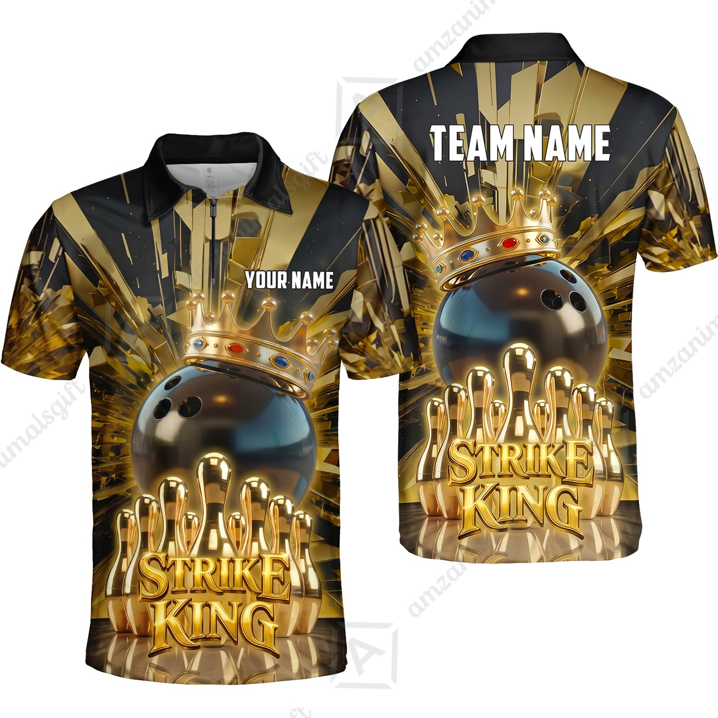 Custom Bowling Jersey Polo Shirt, Luxury Gold Strike King Crown, Custom Bowling Jersey Team Shirt For Players With Name and Team Name