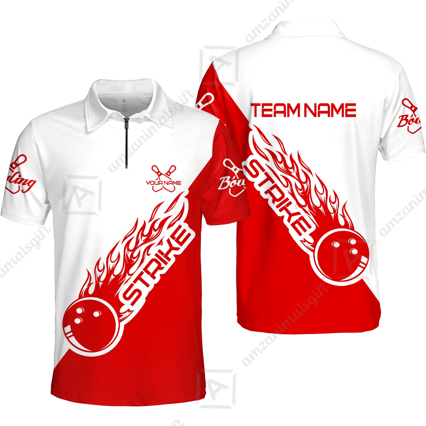 Bowling Customized Jersey Polo White Red Shirt Strike Ball Bowling Tenpin Quarter Zip Shirt For Bowlers, Bowling Team