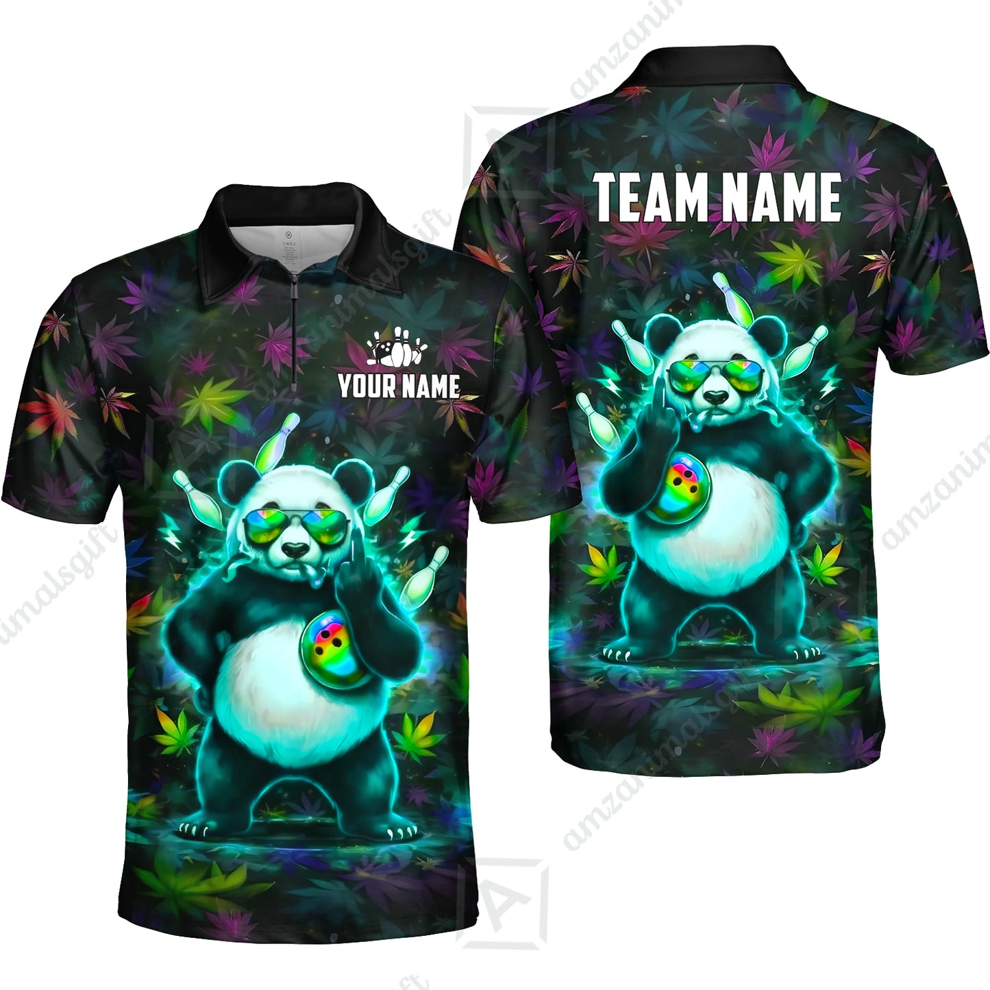 Custom Bowling Jersey Polo Shirt, Badass Stoner Panda & Psychedelic Leaves, Custom Bowling Jersey Team Shirt For Players With Name & Team Name