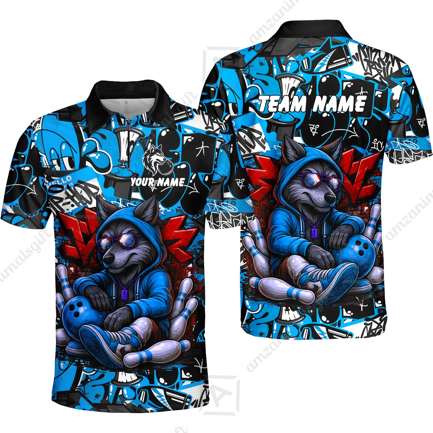 Custom Bowling Jersey Polo Shirt, Badass Wolf Mascot Bowling, Custom Bowling Jersey Team Shirt For Players With Name & Team Name