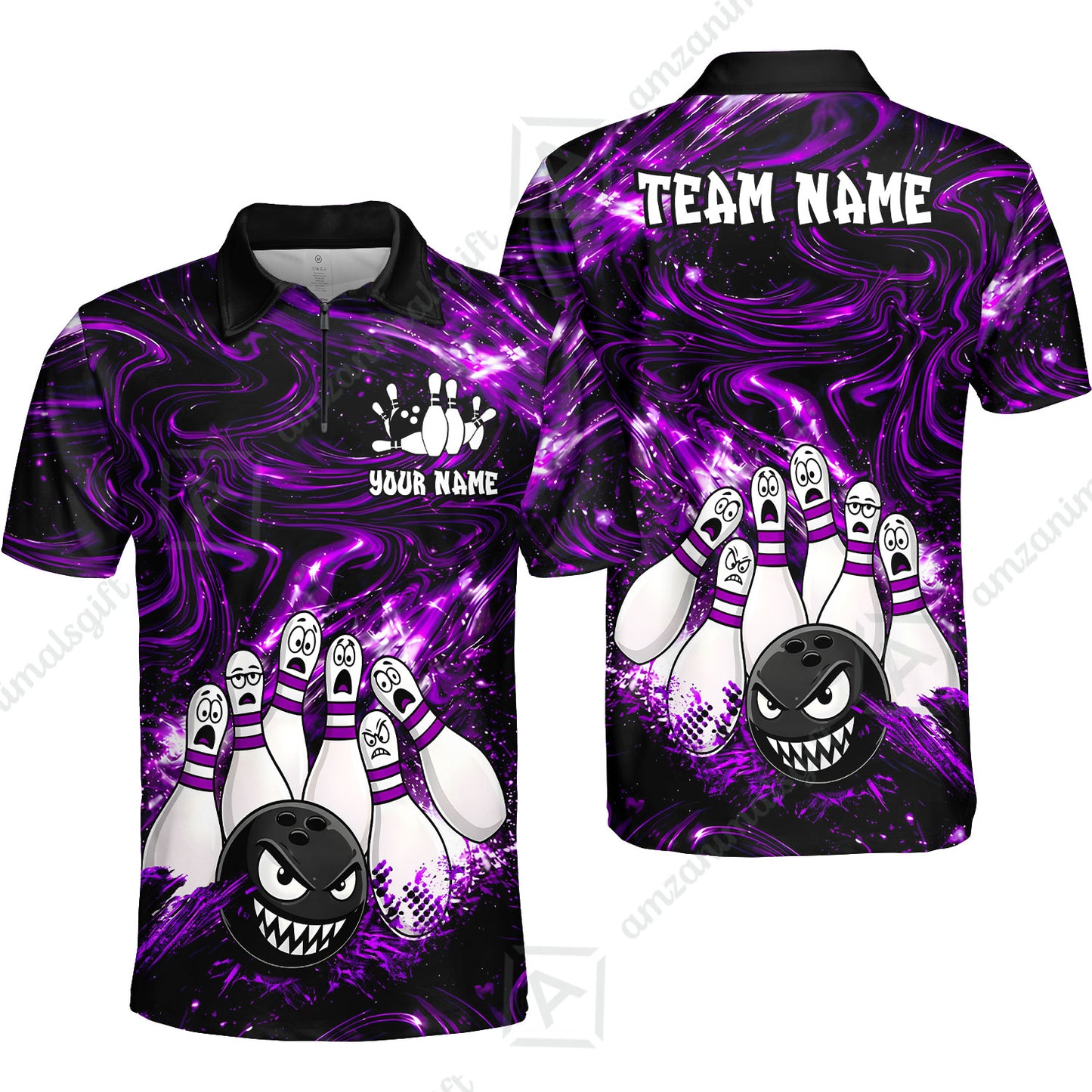 Customized Bowling Unisex Polo Shirt, Bowling Angry Ball VS Screaming Pins, Personalized Name And Team Name