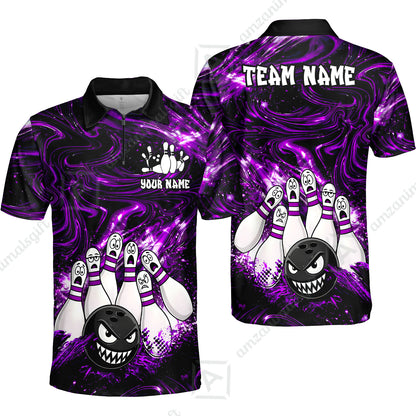 Customized Bowling Unisex Polo Shirt, Bowling Angry Ball VS Screaming Pins, Personalized Name And Team Name