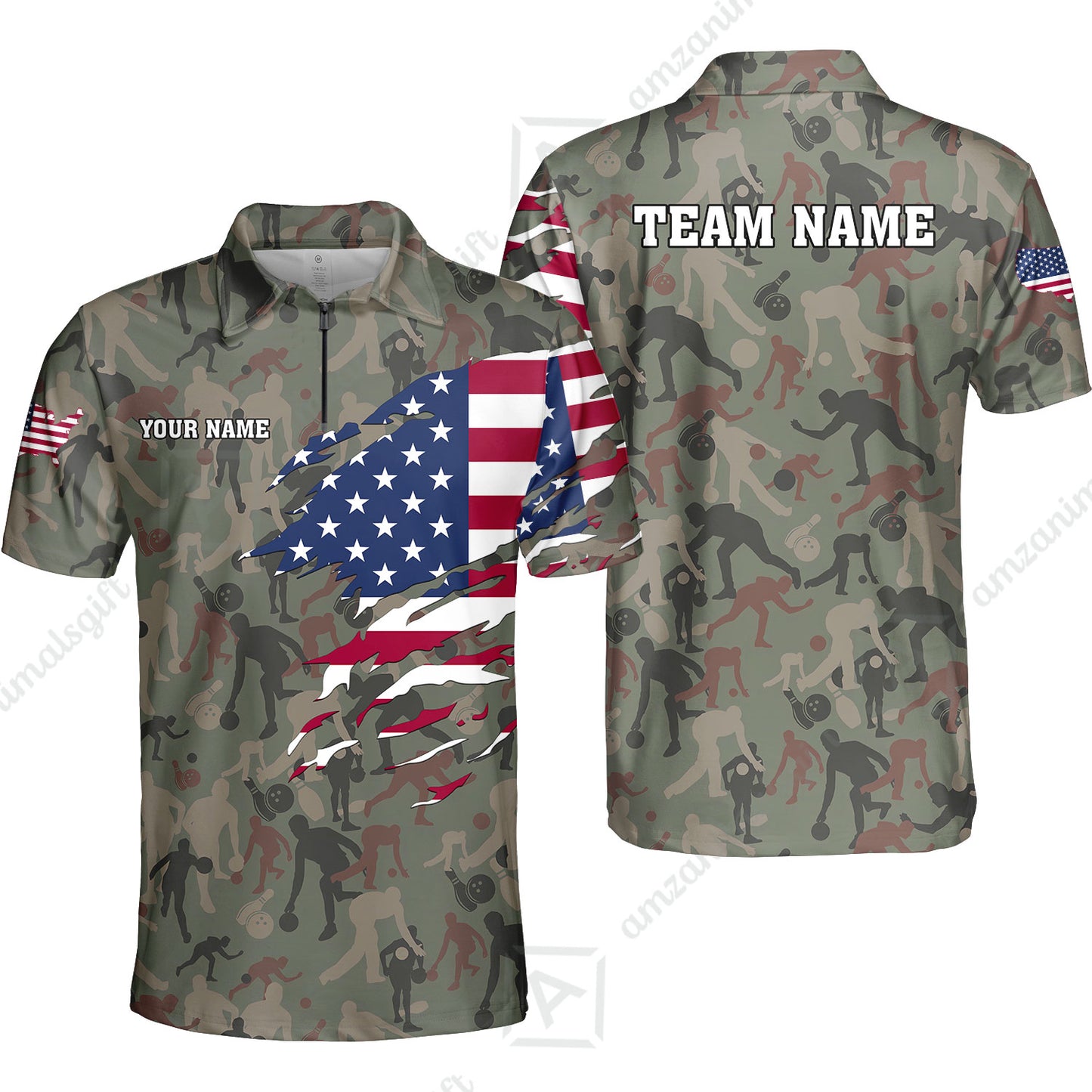 Custom Bowling Jersey Polo Shirt, American Flag Woodland Green Camouflage, Custom Bowling Jersey Team Shirt For Players With Name and Team Name