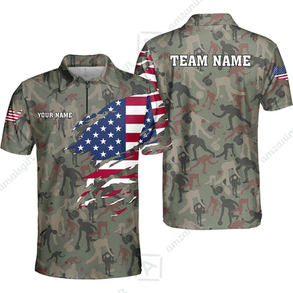 Custom Bowling Jersey Polo Shirt, American Flag Woodland Green Camouflage, Custom Bowling Jersey Team Shirt For Players With Name and Team Name