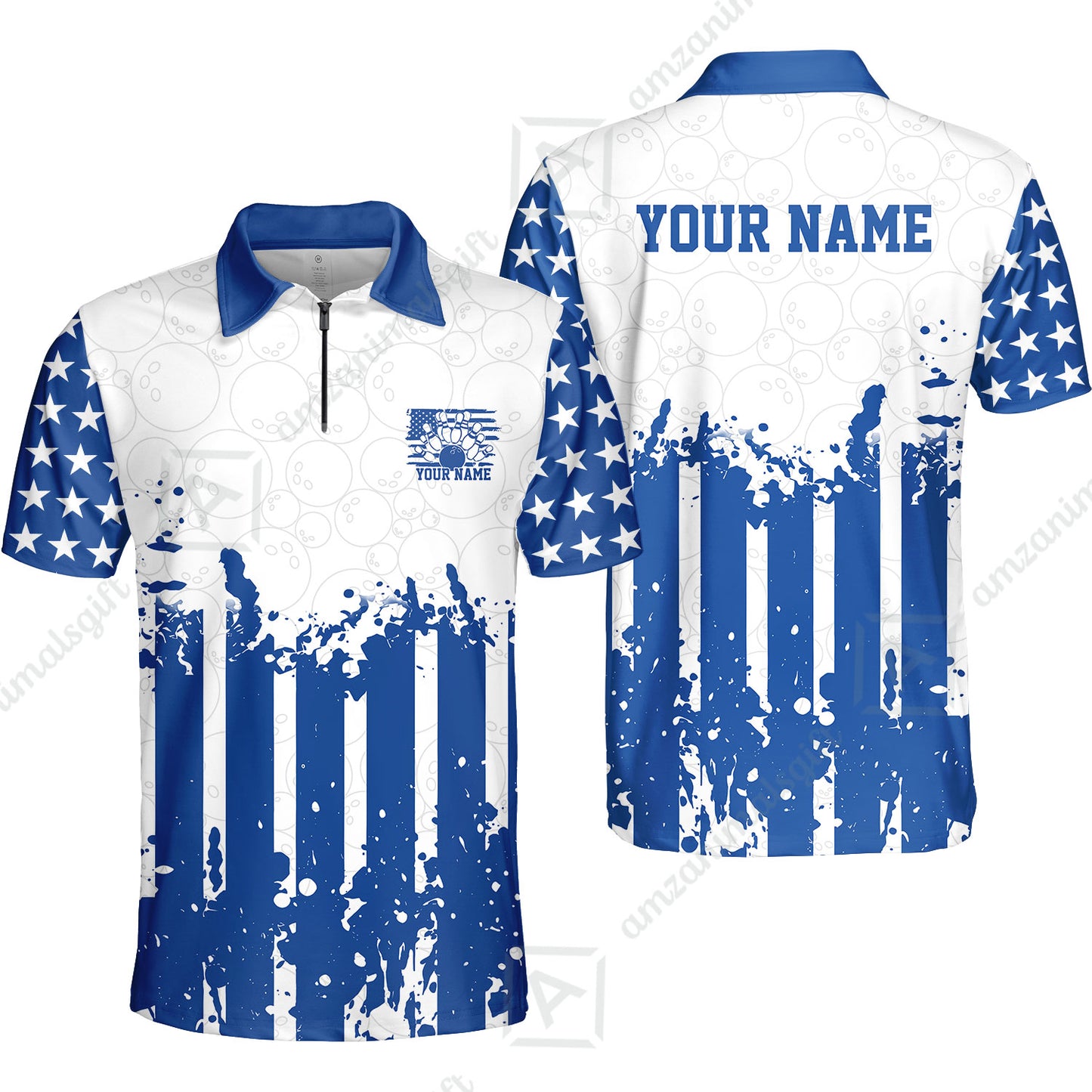 Custom Bowling Jersey Polo Shirt, Distressed Stars and Stripes Grunge, Custom Bowling Jersey Team Shirt For Players With Name and Team Name