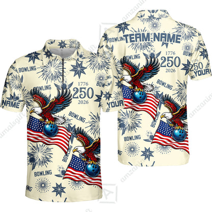 Custom Bowling Jersey Polo Shirt, USA 250 Years of Independence Bowling, Custom Bowling Jersey Team Shirt For Players With Name and Team Name