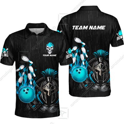 Custom Bowling Jersey Polo Shirt, Fire Bowling Knight Rain Skull Logo, Personalize Name & Team Name