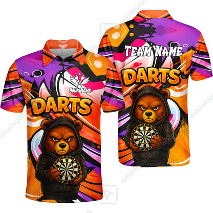 Customized Darts Team Uniform Shirt, Custom Darts Team Collar Quarter-Zip, Personalized Bear Darts Shirt with Name & Team Name