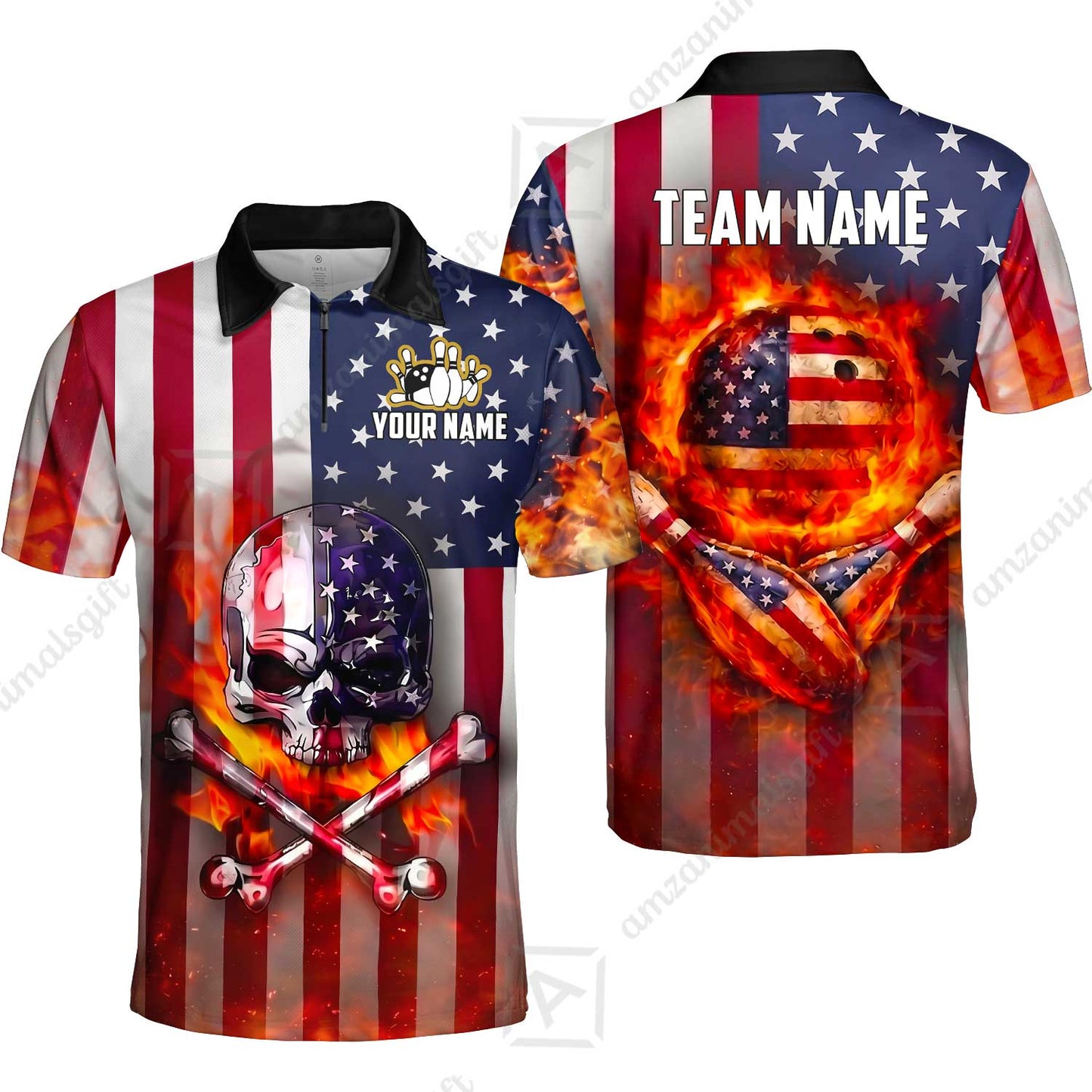 Customized Patriotic Flaming Skull Bowling Jersey, Custom Name And Team Name For Bowlers