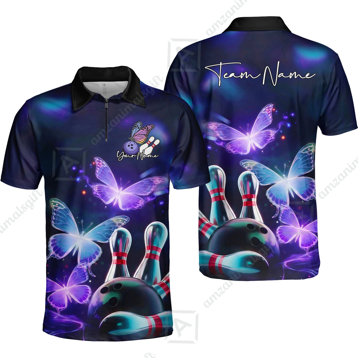 Custom Bowling Jersey Polo Shirt, Neon Butterfly Bowling, Custom Bowling Jersey Team Shirt For Players With Name & Team Name