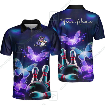 Custom Bowling Jersey Polo Shirt, Neon Butterfly Bowling, Custom Bowling Jersey Team Shirt For Players With Name & Team Name