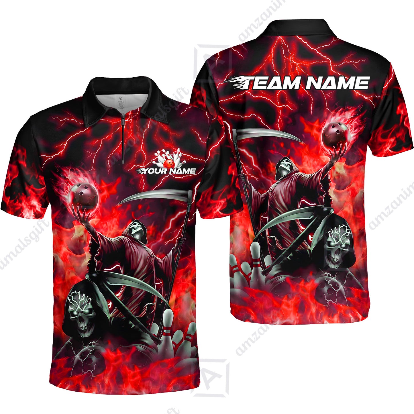Custom Bowling Team Quarter-Zip Polo Shirt, Grim Reaper Skull With Flame Bowling Lightning Design for Bowlers, Personalized Shirt with Name and Team Name