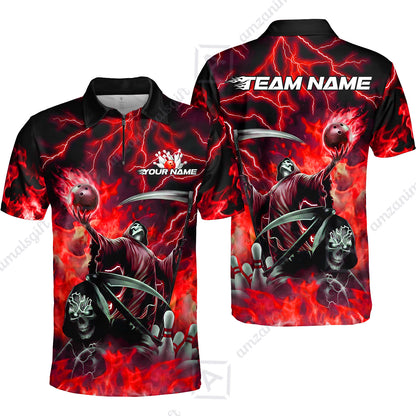 Custom Bowling Team Quarter-Zip Polo Shirt, Grim Reaper Skull With Flame Bowling Lightning Design for Bowlers, Personalized Shirt with Name and Team Name