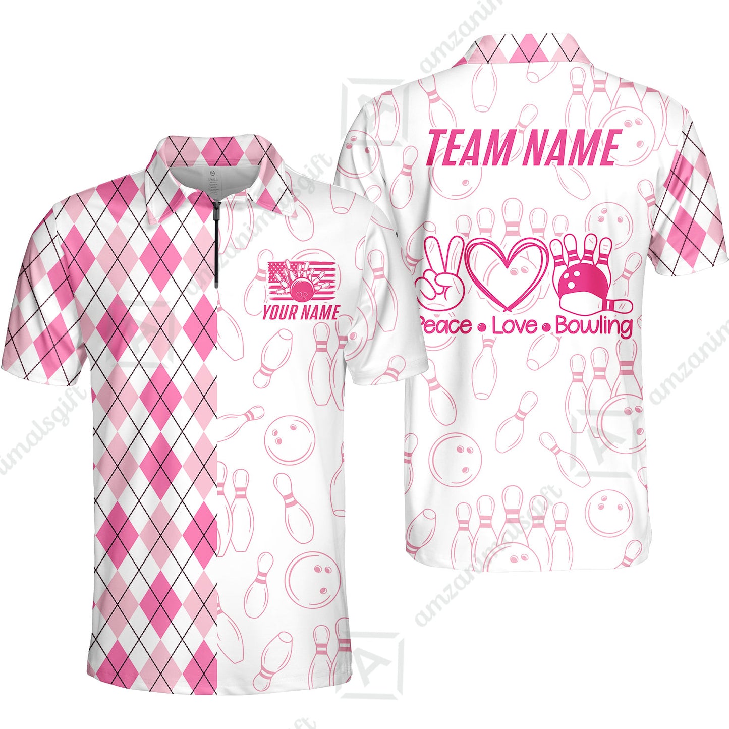 Custom Women Polo Shirt, Argyle Bowling Peace Love, Custom Bowling Women Polo Team Shirt For Players With Name & Team Name