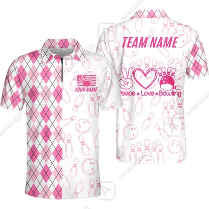 Custom Women Polo Shirt, Argyle Bowling Peace Love, Custom Bowling Women Polo Team Shirt For Players With Name & Team Name