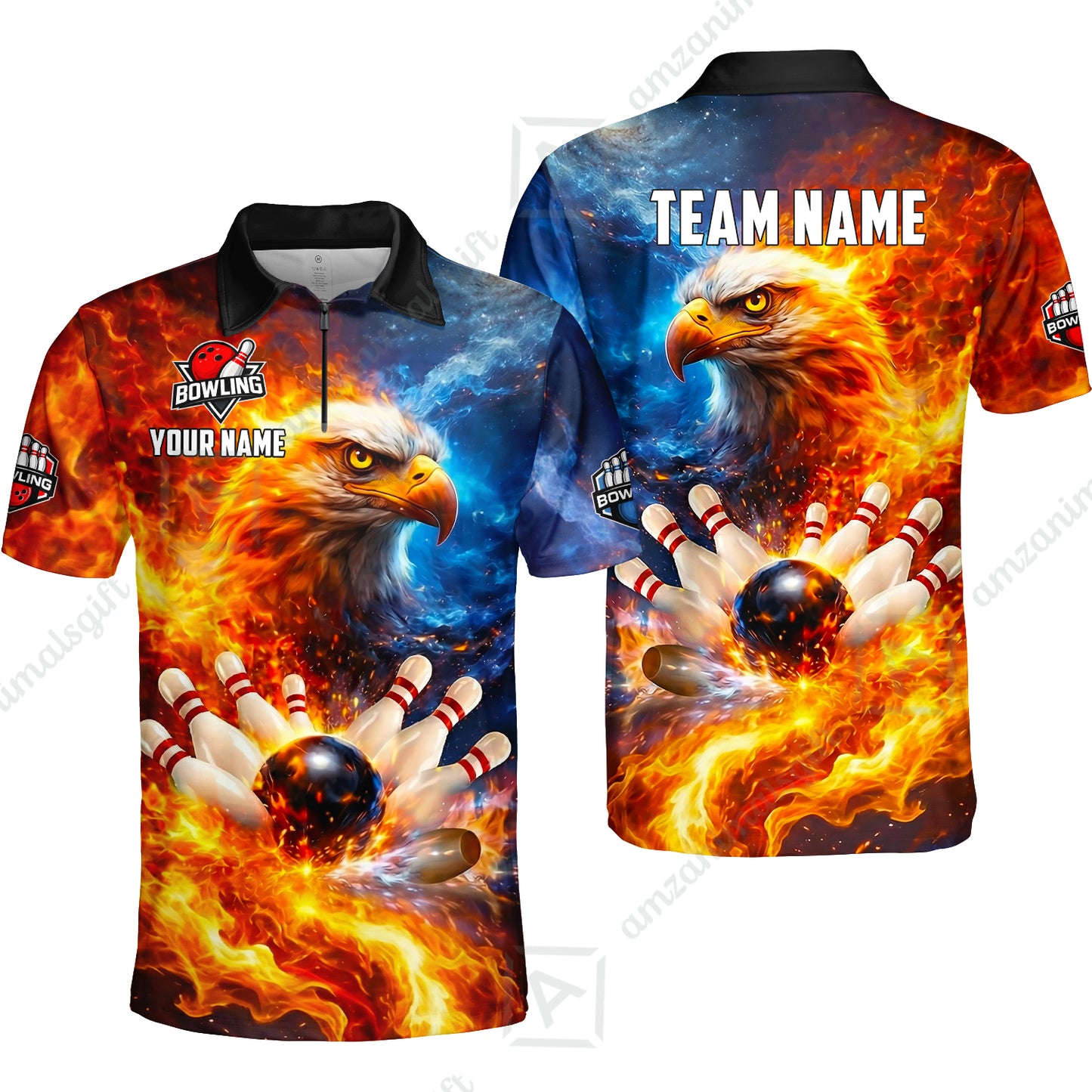 Custom Bald Eagle and Fire Bowling Jersey Polo Shirt, Custom Bald Eagle and Fire Bowling Jersey Team Shirt For Players With Name & Team Name