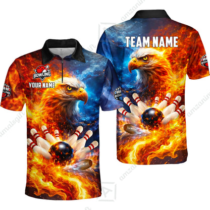 Custom Bald Eagle and Fire Bowling Jersey Polo Shirt, Custom Bald Eagle and Fire Bowling Jersey Team Shirt For Players With Name & Team Name