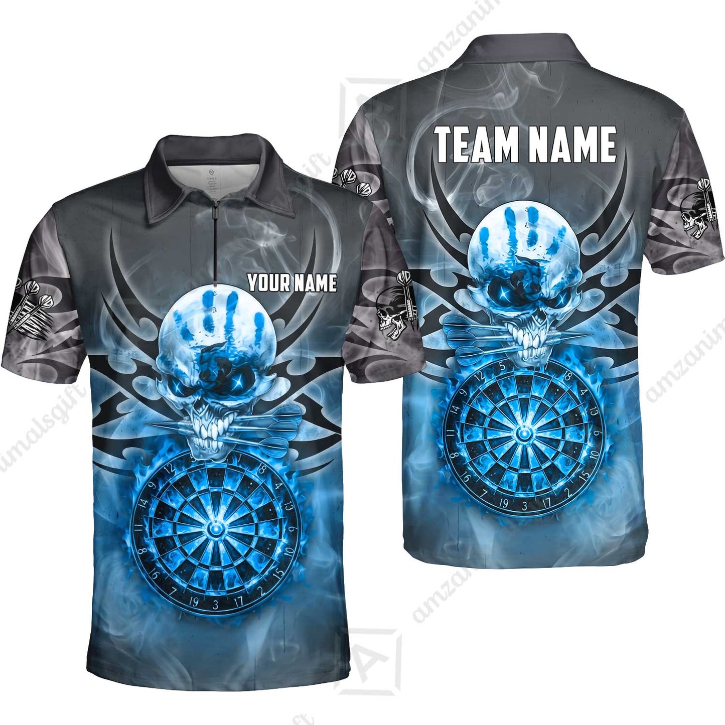 Custom Darts Jersey Polo Shirt, Glowing Fire Skull Tribal, Custom Dart Jersey Team Shirt For Players With Name & Team Name