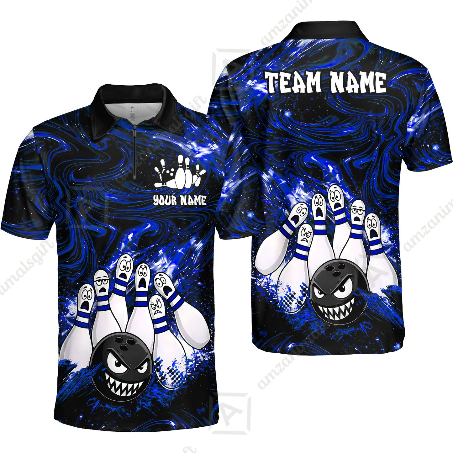 Customized Bowling Unisex Polo Shirt, Bowling Angry Ball VS Screaming Pins, Personalized Name And Team Name