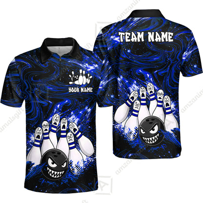 Customized Bowling Unisex Polo Shirt, Bowling Angry Ball VS Screaming Pins, Personalized Name And Team Name