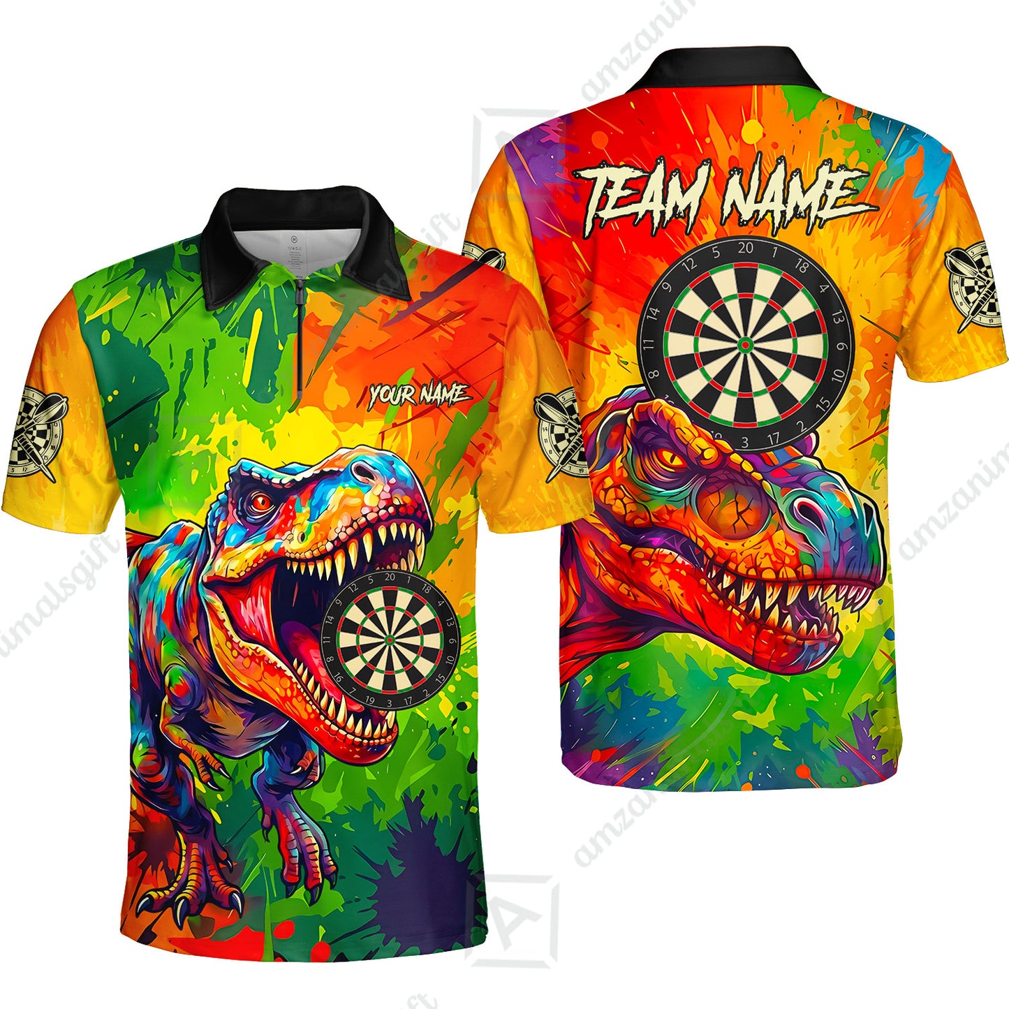 Custom Darts Jersey Polo Shirt, Colorful Splatter T-Rex Dino, Custom Dart Jersey Team Shirt For Players With Name & Team Name