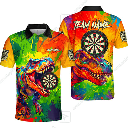 Custom Darts Jersey Polo Shirt, Colorful Splatter T-Rex Dino, Custom Dart Jersey Team Shirt For Players With Name & Team Name