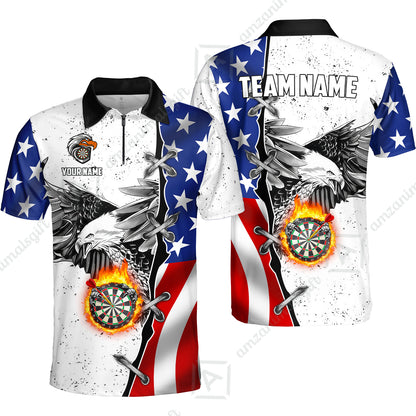 Customized Darts Team Uniform Shirt Darts US Flag White Eagle Flame Pin Dust Pattern, Personalized Name And Team Name