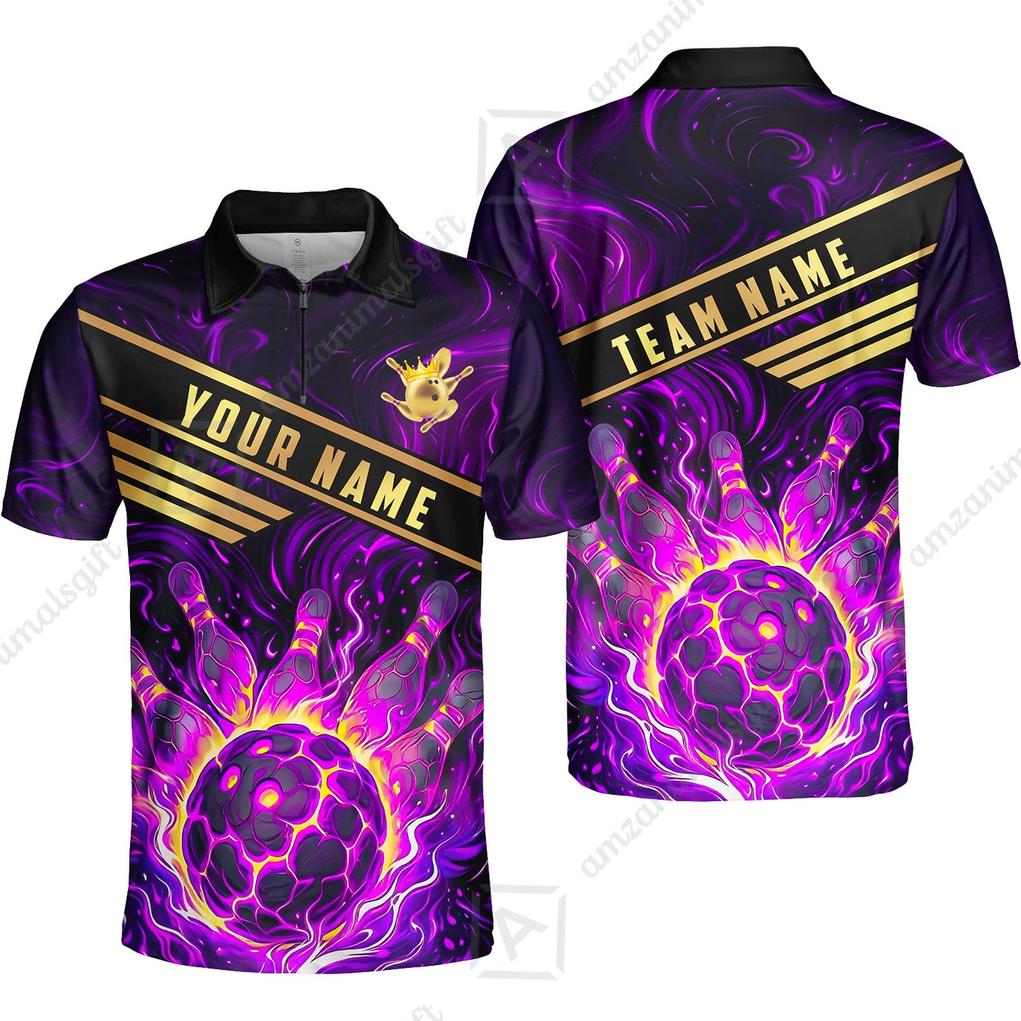 Custom Bowling Polo Shirt, Glowing Bowling Ball and Pins Custom Bowling Polo Team Shirt For Players With Name & Team Name