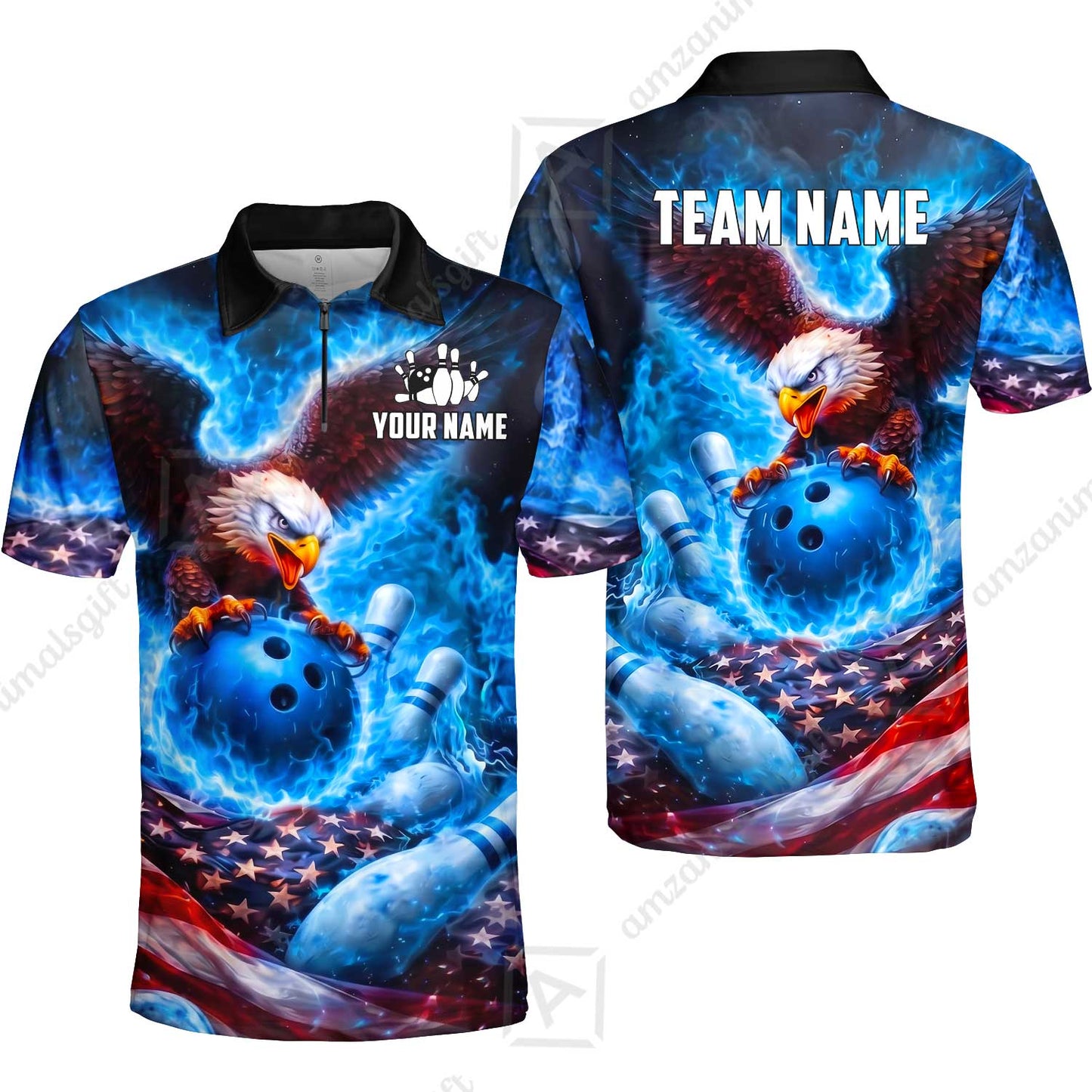Custom Bowling Jersey Polo Shirt, Patriotic Blue Fire Eagle, Custom Bowling Jersey Team Shirt For Players With Name and Team Name