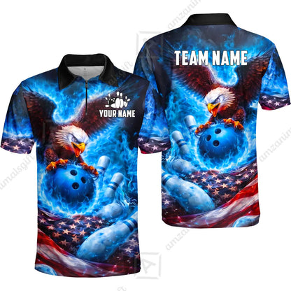 Custom Bowling Jersey Polo Shirt, Patriotic Blue Fire Eagle, Custom Bowling Jersey Team Shirt For Players With Name and Team Name