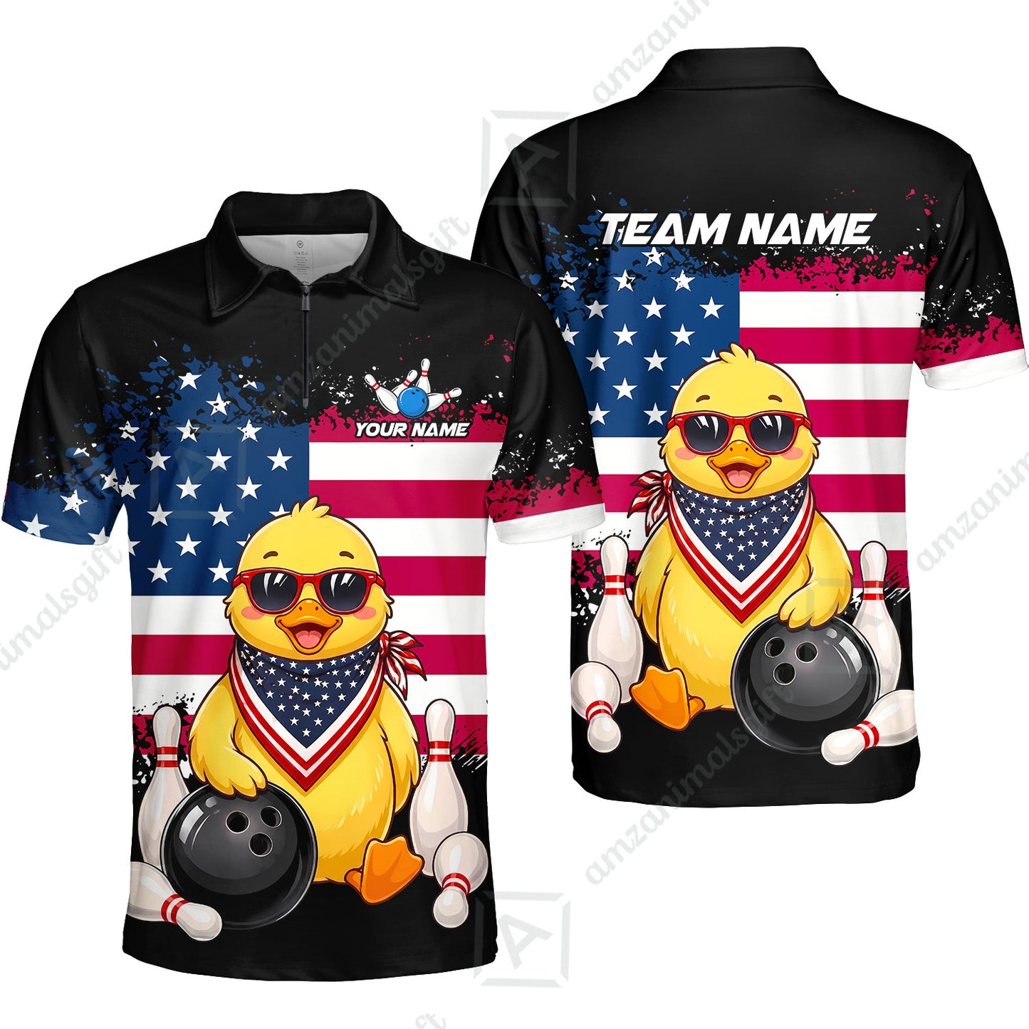 Custom Bowling Jersey Polo Shirt, Animal With Glasses And Bandana America Flag, Personalize Name & Team Name