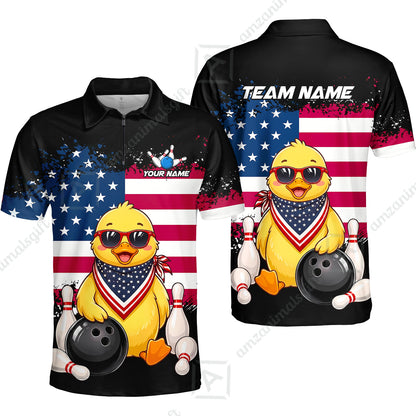 Custom Bowling Jersey Polo Shirt, Animal With Glasses And Bandana America Flag, Personalize Name & Team Name