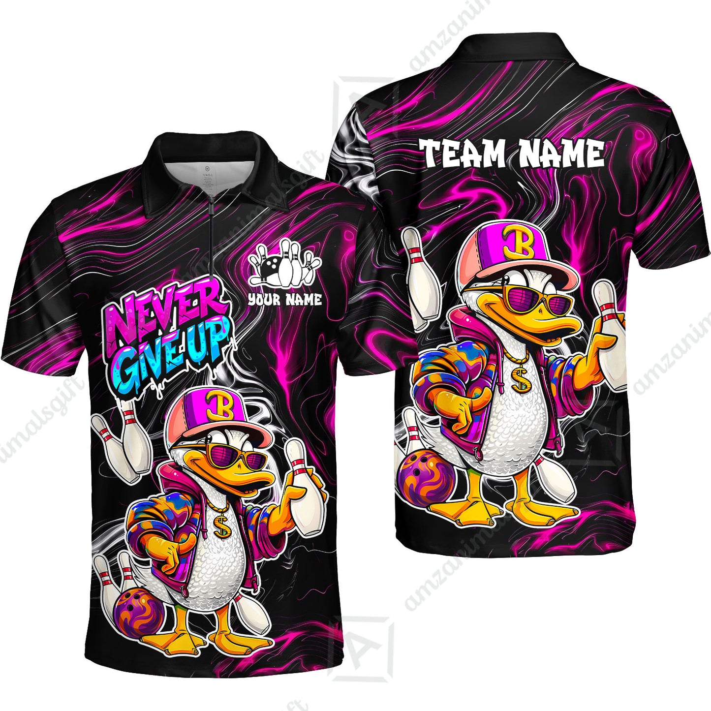 Custom Bowling Jersey Polo Shirt, Duck Never Give Up, Custom Bowling Jersey Team Shirt For Players With Name & Team Name