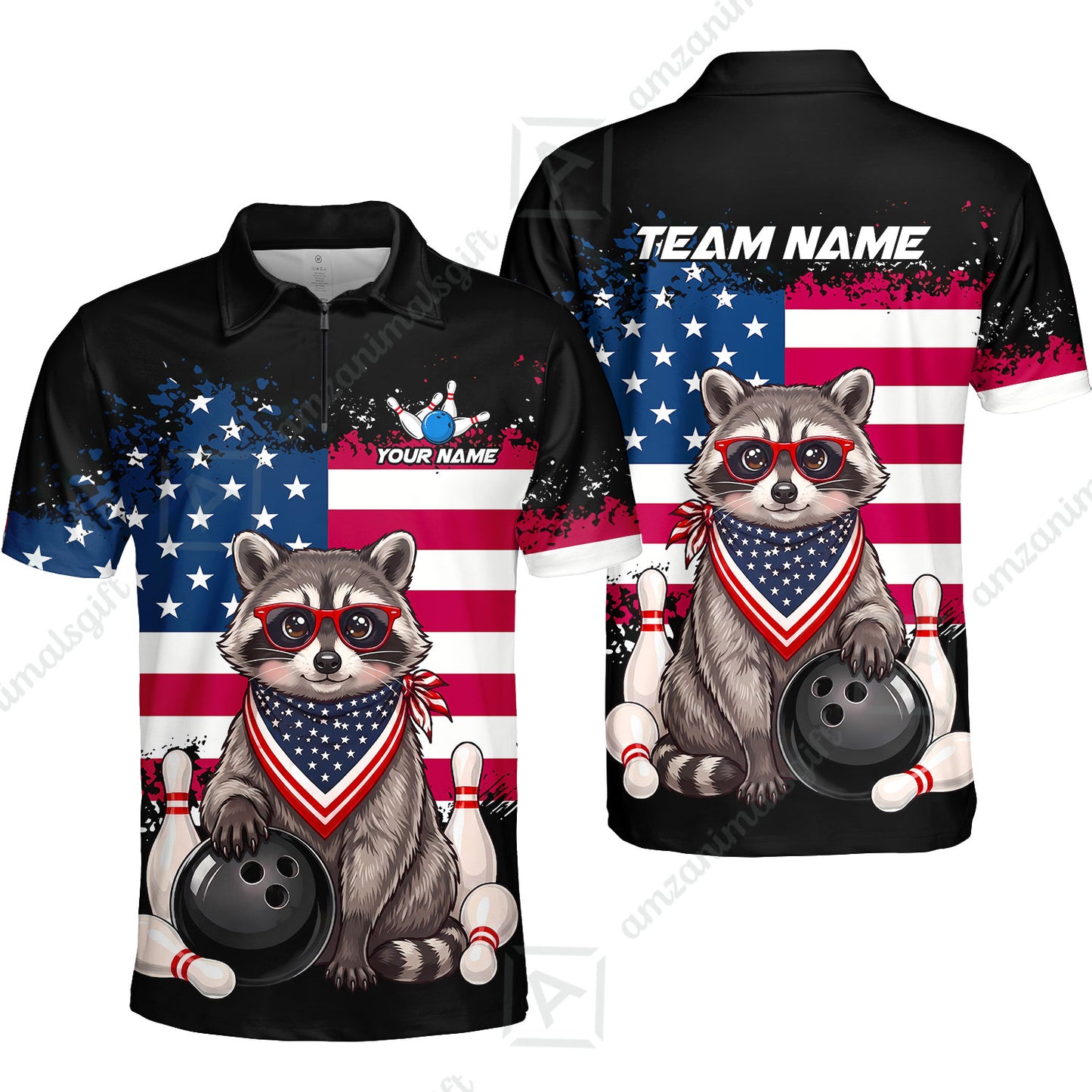 Custom Bowling Jersey Polo Shirt, Animal With Glasses And Bandana America Flag, Personalize Name & Team Name