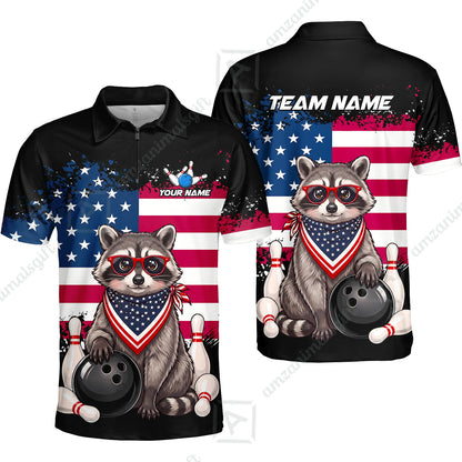 Custom Bowling Jersey Polo Shirt, Animal With Glasses And Bandana America Flag, Personalize Name & Team Name