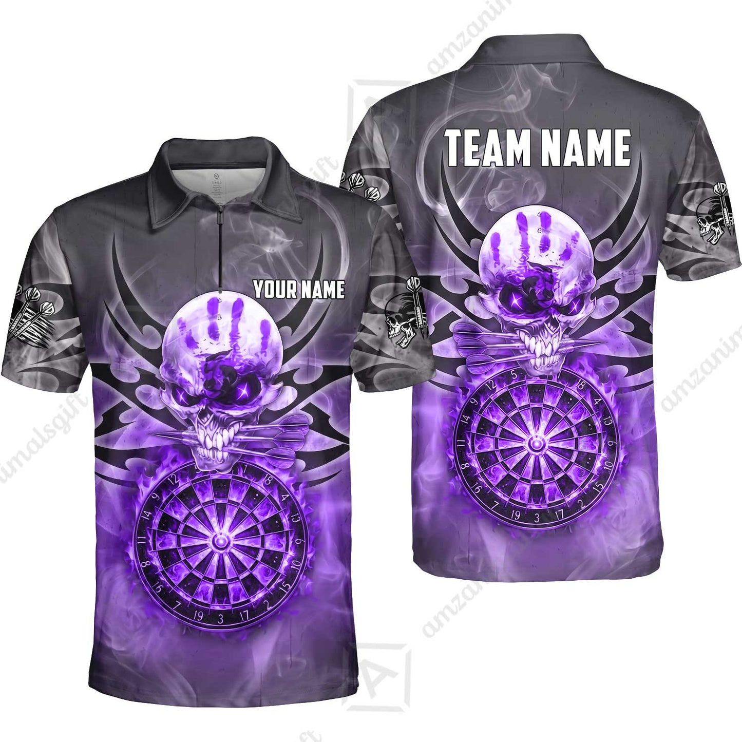 Custom Darts Jersey Polo Shirt, Glowing Fire Skull Tribal, Custom Dart Jersey Team Shirt For Players With Name & Team Name