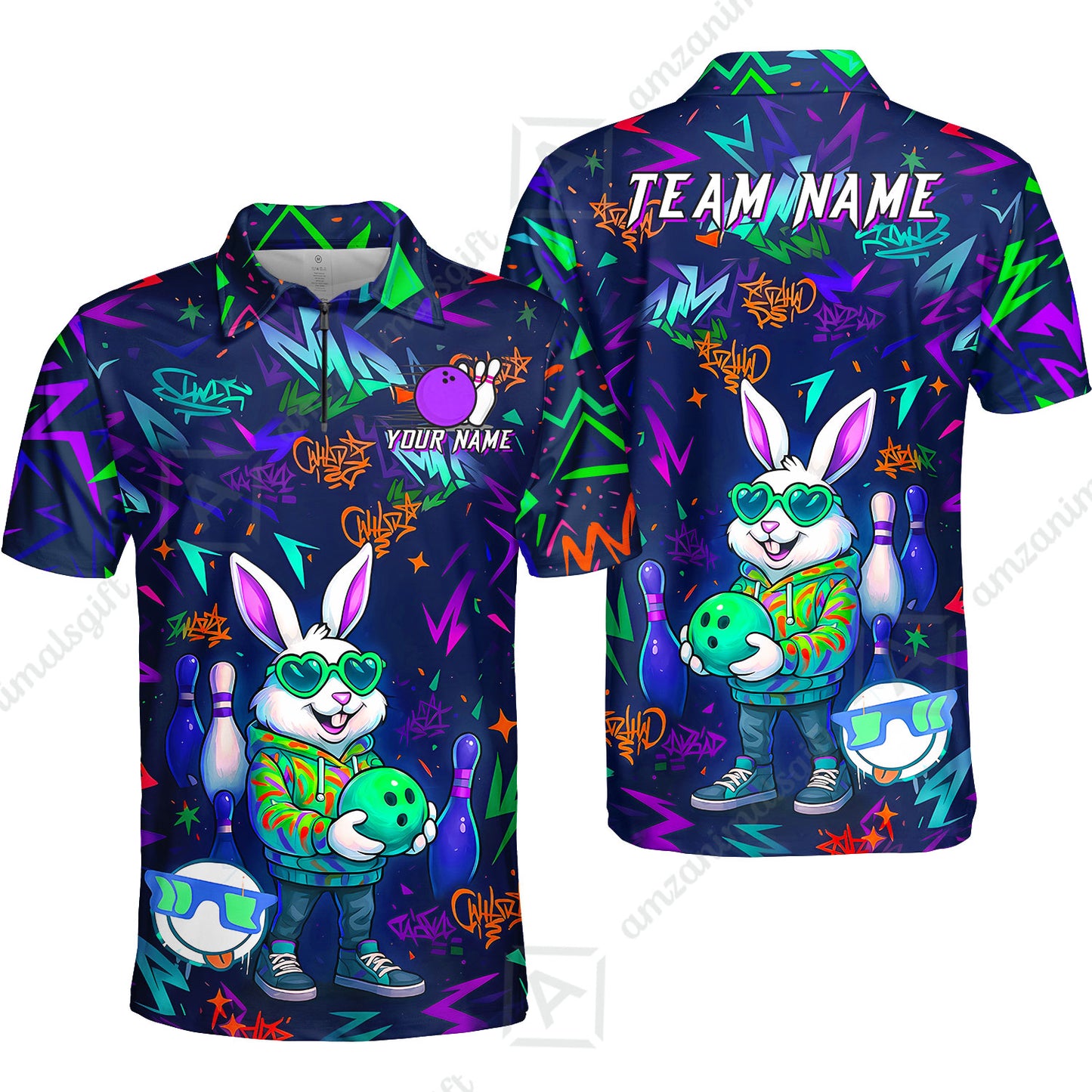 Custom Hip Hop Rabbit Bowling Jersey Polo Shirt, Custom Hip Hop Rabbit Bowling Jersey Team Shirt For Players With Name & Team Name