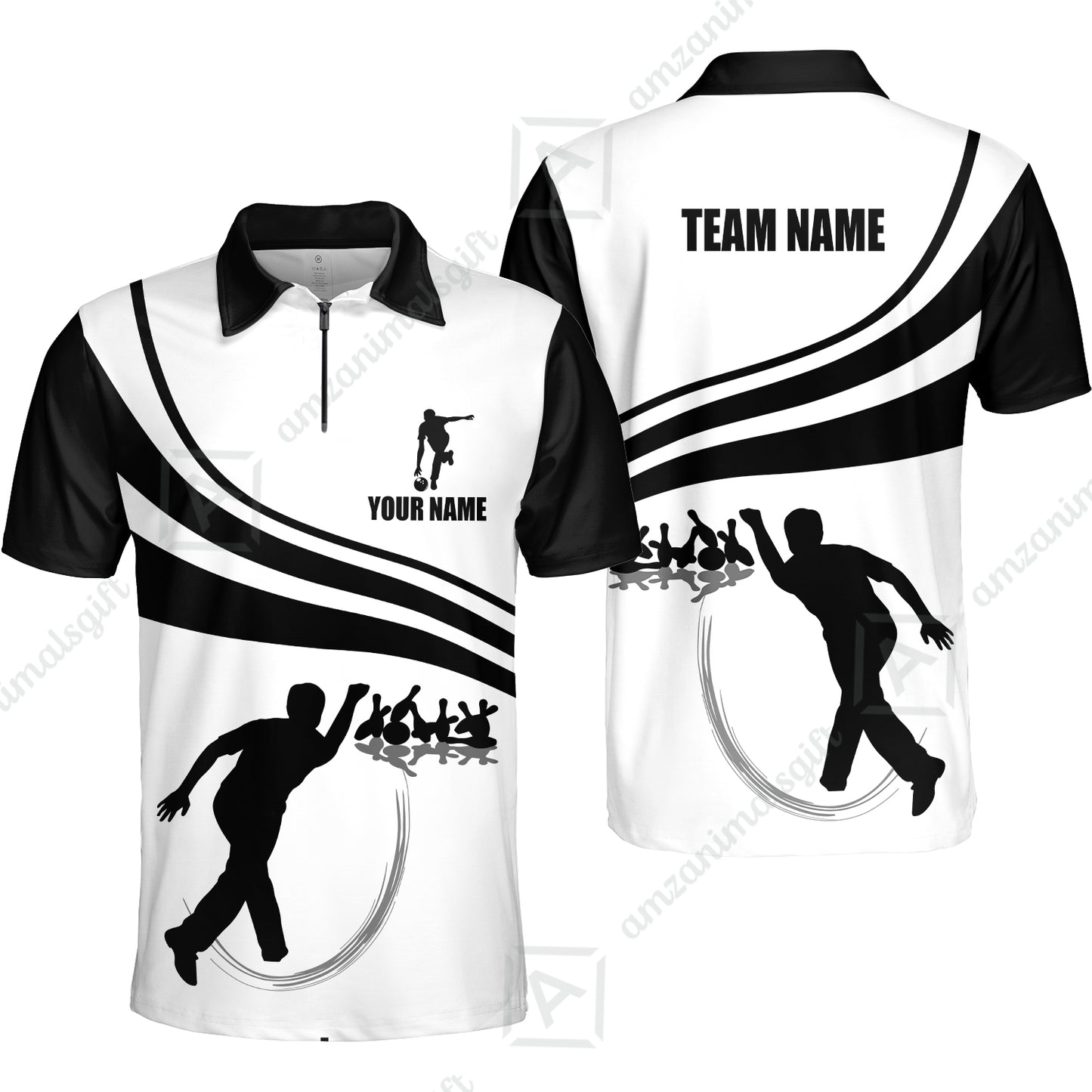 Customized Bowling Quarter-Zip Polo Shirt Bowling Silhouette Black And White, Custom Name And Team Name Bowling Polo Shirt
