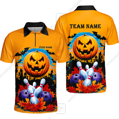 Custom Bowling Jersey Polo Shirt, Halloween Pumpkin Bowling, Personalize Name and Team Name