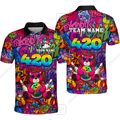 Custom Bowling Jersey Polo Shirt, 420 Graffiti Stoner Bear Colorful Street Art, Custom Bowling Jersey Team Shirt For Players With Name & Team Name